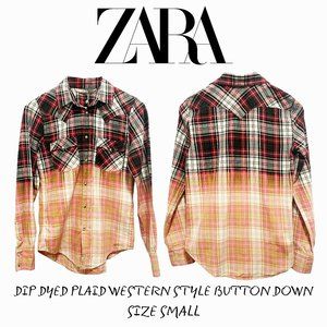ZARA LARA WOMAN COLLECTION DIP DYED PLAID WESTERN STYLE SHIRT NWT SIZE SMALL